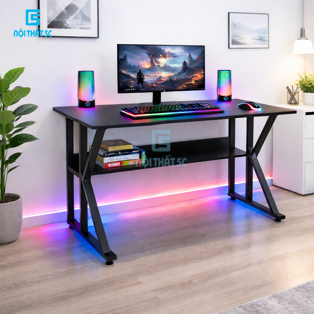 Bàn làm việc chữ K, bàn gaming chân sắt 2x4cm sơn tĩnh điện, thiết kế hiện đại, chắc chắn kèm lỗ đi 