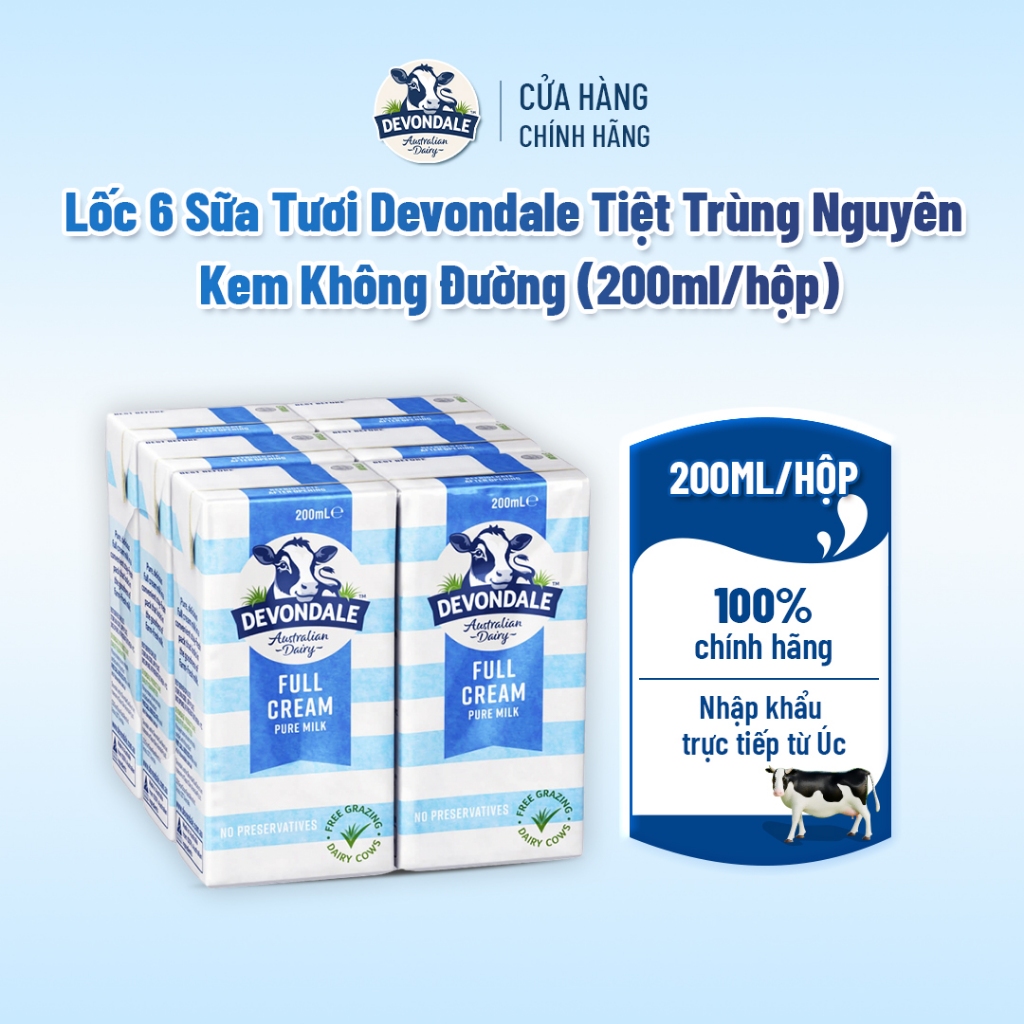 Lốc 6 Sữa Tươi Devondale Tiệt Trùng Nguyên Kem Không Đường 200ml/Hộp