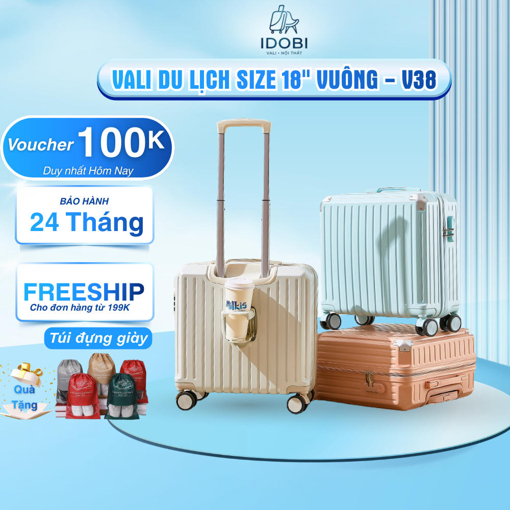Vali du lịch 18 inch vuông ABS+PC khóa số bánh xe 360 vali xách tay chống va đập - V38