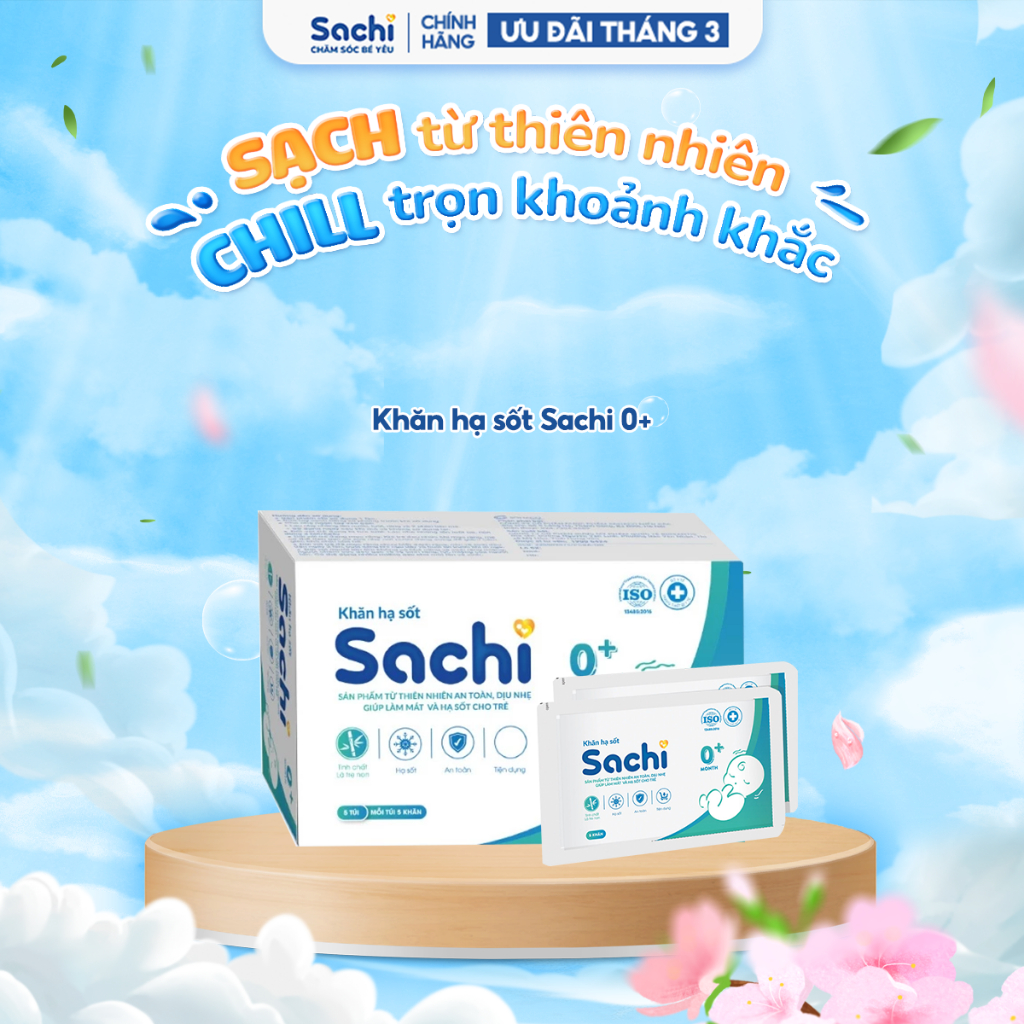 Khăn Lau Hạ Sốt 0+ SACHI Giúp Hạ Nhiệt, Giảm Sốt, Ngăn Ngừa Co Giật Cho Trẻ Sơ Sinh Và Trẻ Nhỏ, Hộp 5 khăn