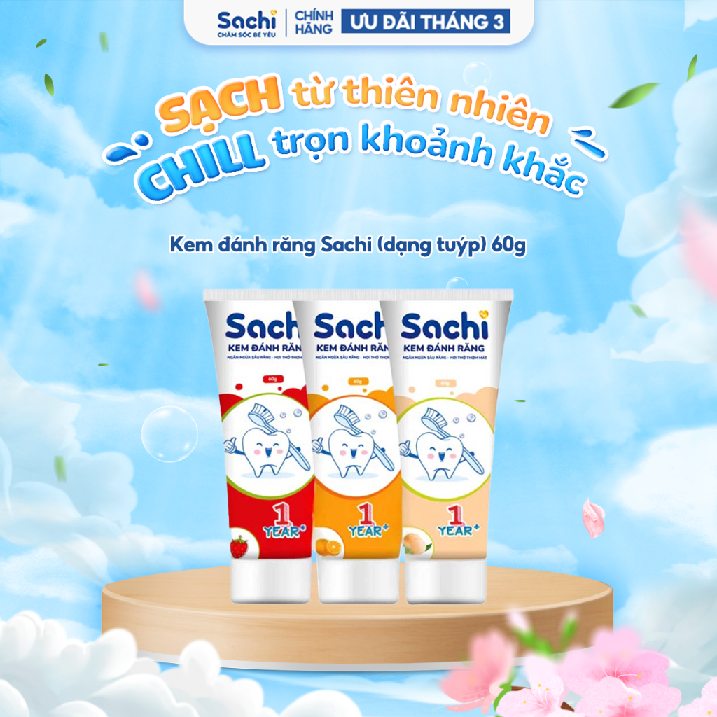 Kem đánh răng Sachi dạng tuýp giúp làm sạch, ngừa sâu răng, khử mùi hôi miệng, an toàn cho bé 60g