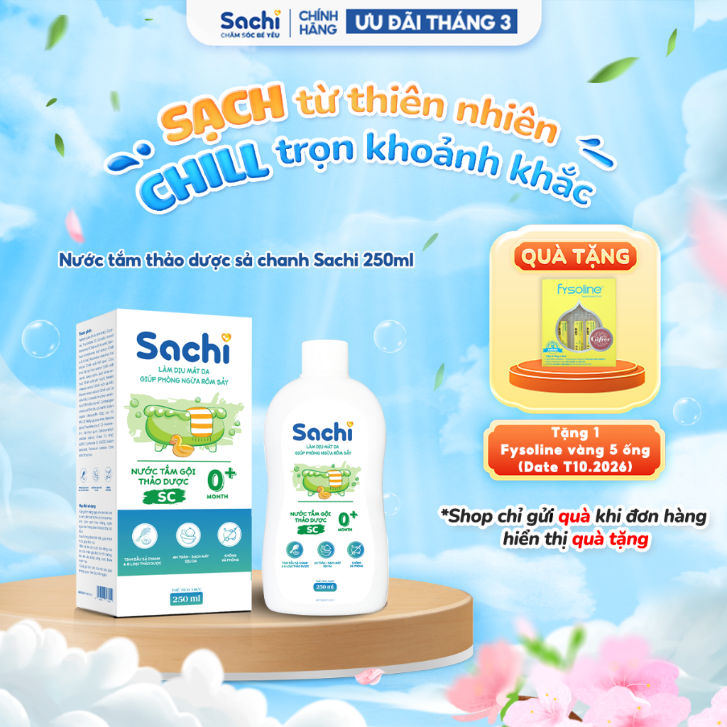 Nước Tắm Gội Thảo Dược Sachi hương Sả Chanh 250ml Thảo Dược Tự Nhiên Làm Dịu Mát Da, Ngừa Rôm Sảy Cho Bé Từ Sơ Sinh