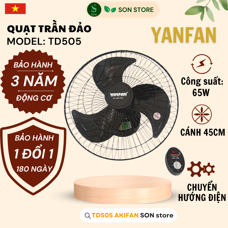 Quạt Trần Đảo YANFAN TD505,  Motor đồng 100%, Cánh 3 lá 65W, Chuyển Hướng Điện Công Tắc Trên Hộp Số