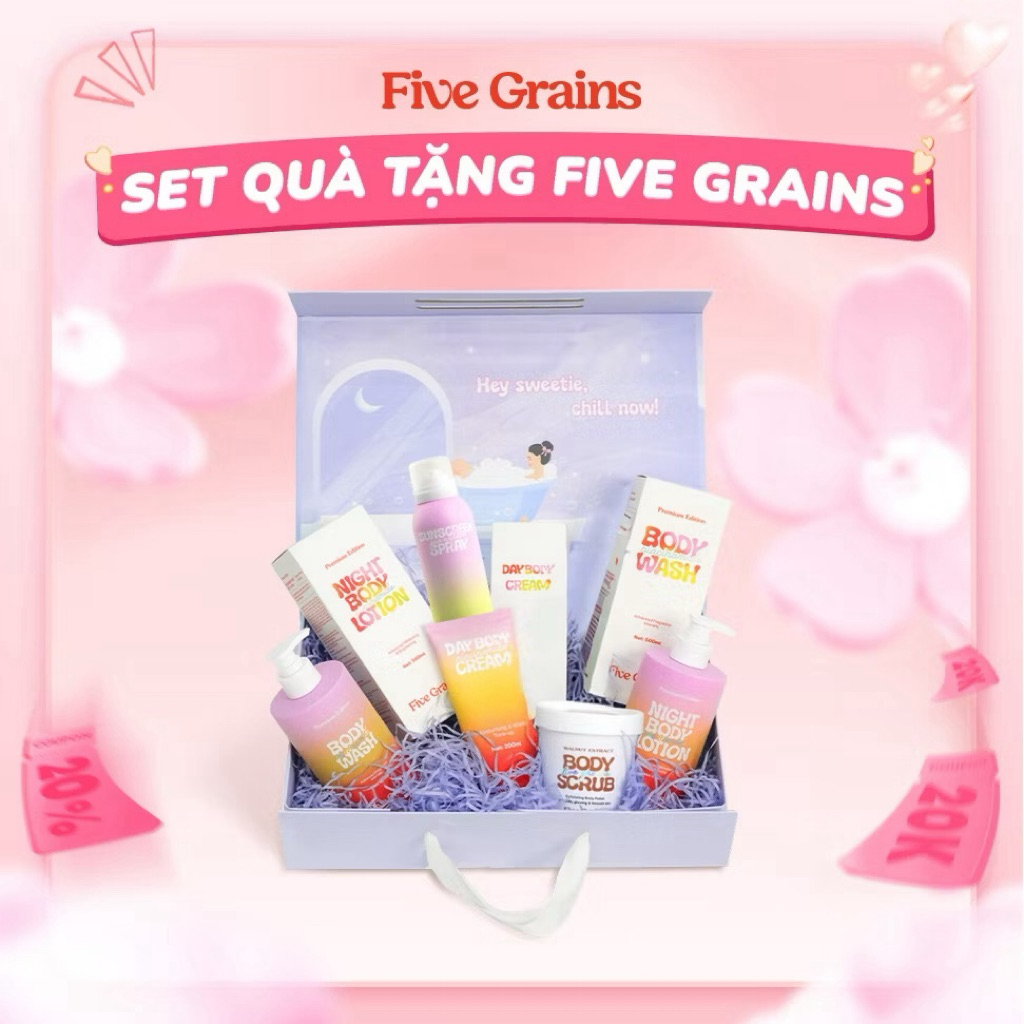 Set quà yêu thương Five Grains (sữa tắm/kem dưỡng/xịt chống nắng/tẩy tế bào chết)