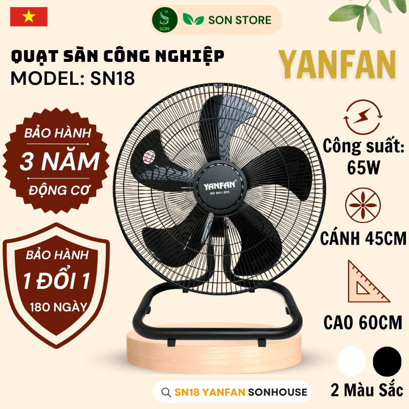 Quạt Sàn Công Nghiệp YANFAN SN18 - Động Cơ Dây Đồng 100% - Cánh 5 Lá ABS Cao Cấp - 65W - Công Suất 65W.