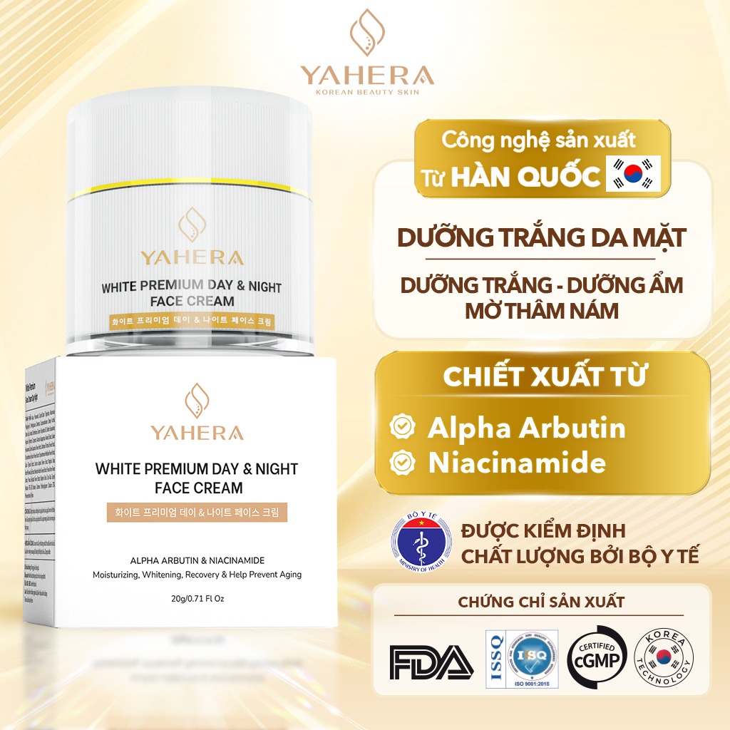 Kem dưỡng trắng da mặt cao cấp ngày và đêm YAHERA White Premium Face Cream Day Night dưỡng ẩm da 20g
