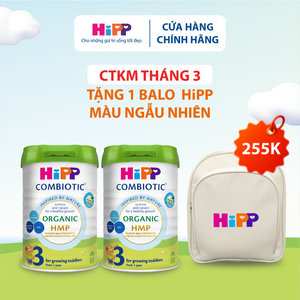 Combo 2 lon Sữa bột công thức HiPP 3 Organic Combiotic 800g hỗ trợ tiêu hóa, tăng chiều cao