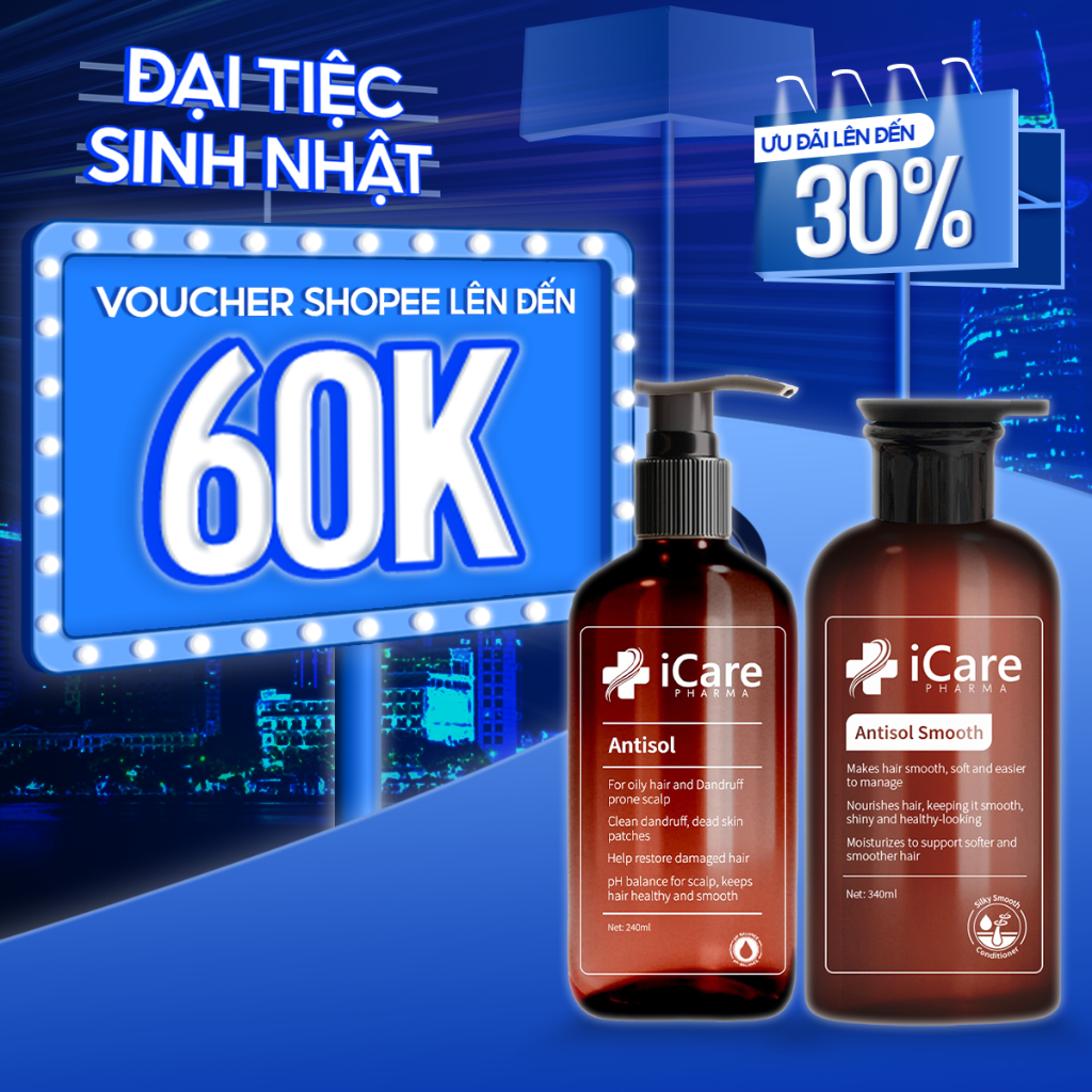 Combo Chăm Sóc Tóc iCare Pharma | Dầu Gội Antisol & Dầu Xả Antisol Smooth | Da Đầu Sạch Gàu Thông Th