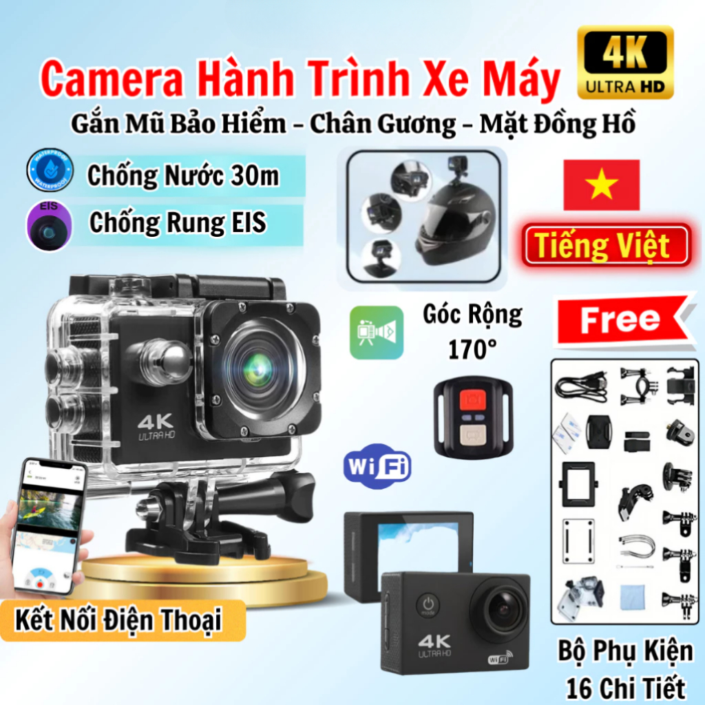 Camera hành trình 4k, Cam hành trình chống rung, Chống nước, Camera hành trình xe máy, Mũ bảo hiểm