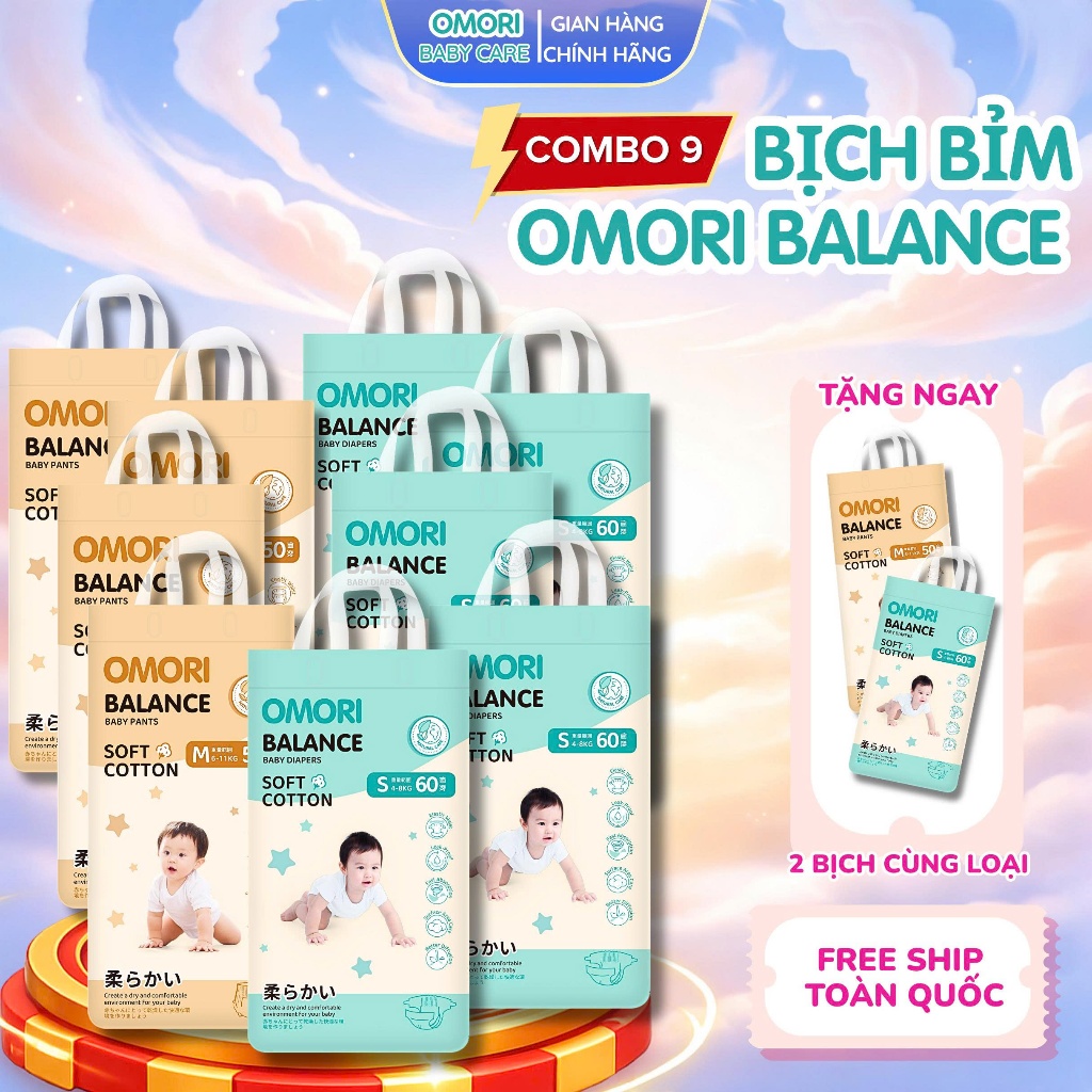 [Mua 9 Tặng 2] Combo 9 Bịch Tã/Bỉm Dán, Quần OMORI BALANCE Mỏng Nhẹ Thấm Hút Cho Bé