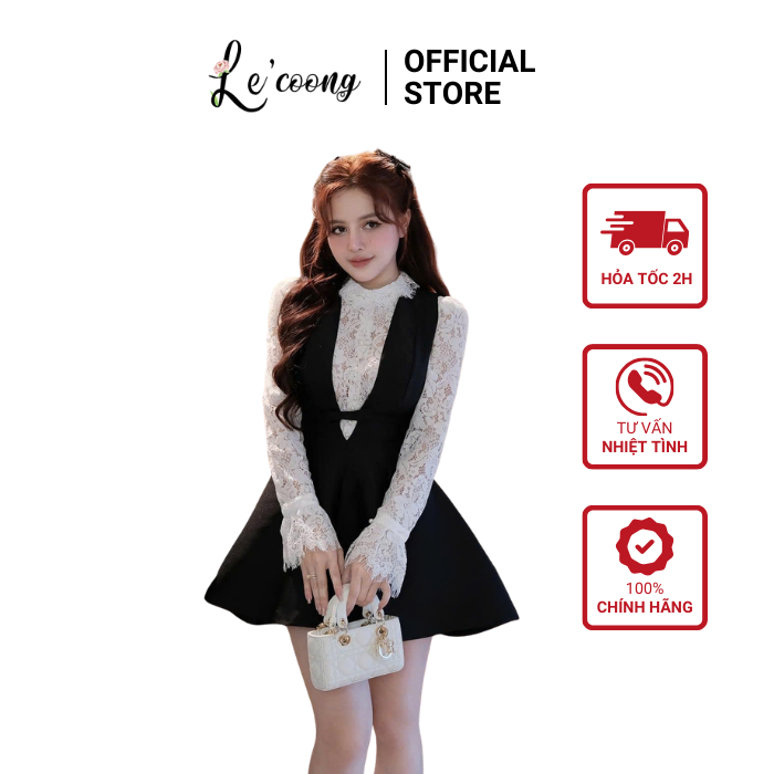 Set Váy Yếm Tafta Dáng Xoè LECOONG B251 Đầm Đẹp Phối Áo Ren Trắng Sang Chảnh