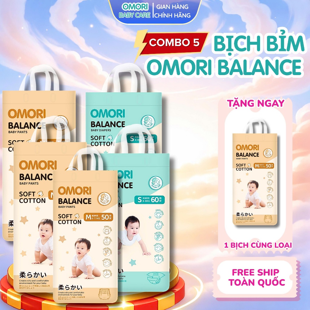[Mua 5 Tặng 1] Combo 5 Bịch Tã/Bỉm Dán, Quần OMORI BALANCE Mỏng Nhẹ Thấm Hút Cho Bé