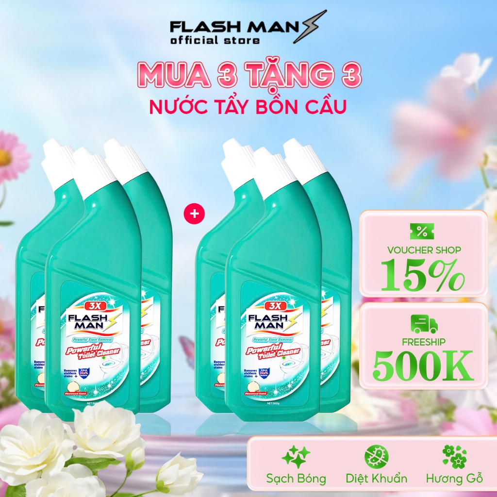 [MUA 3 TẶNG 3] Nước Tẩy Bồn Cầu Flashman 500g – Diệt Khuẩn 99.9% – Khử Mùi, Tẩy Sạch Vết Bẩn
