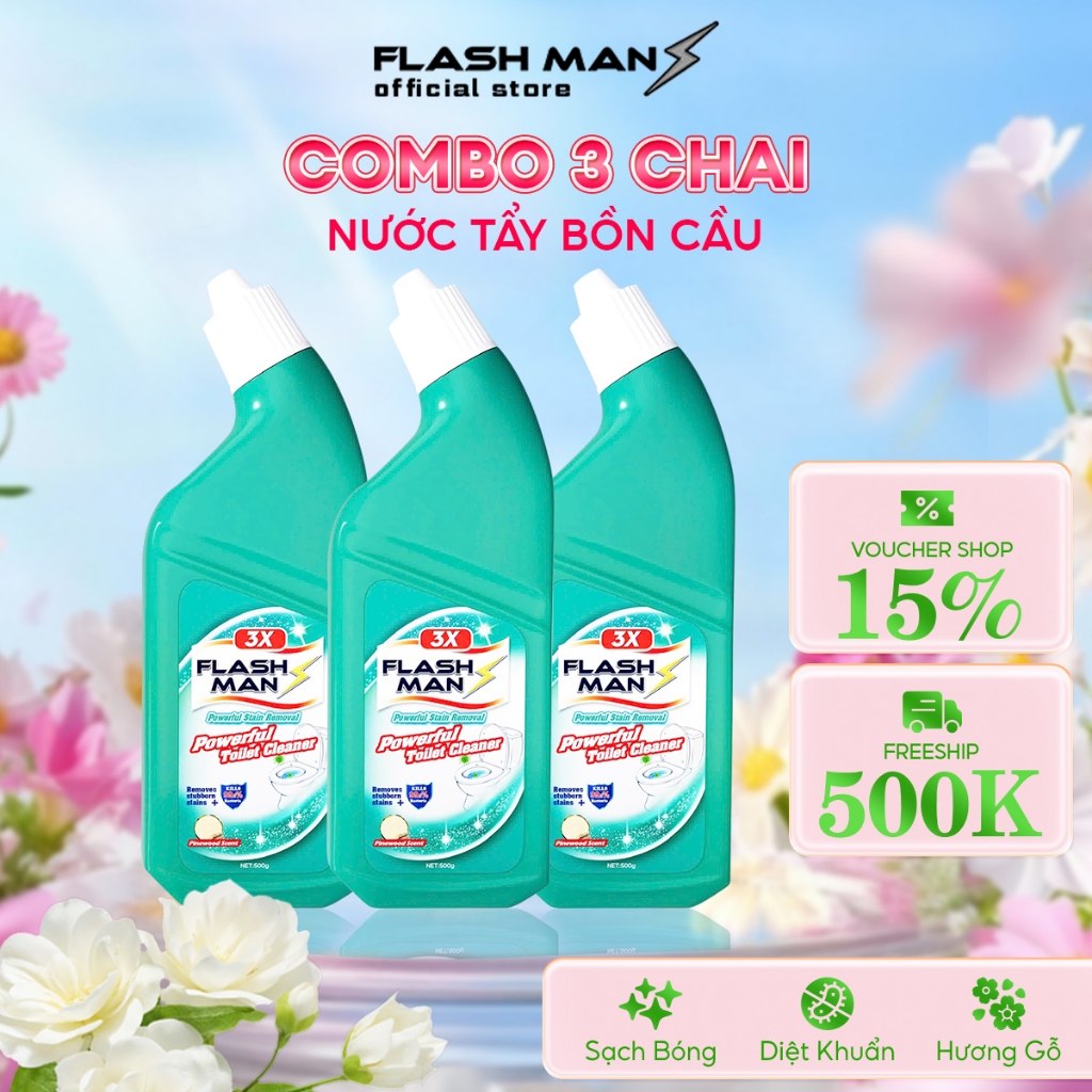 [COMBO 3 CHAI] Nước Tẩy Bồn Cầu Flashman 500g – Diệt Khuẩn 99.9% – Khử Mùi, Tẩy Sạch Vết Bẩn
