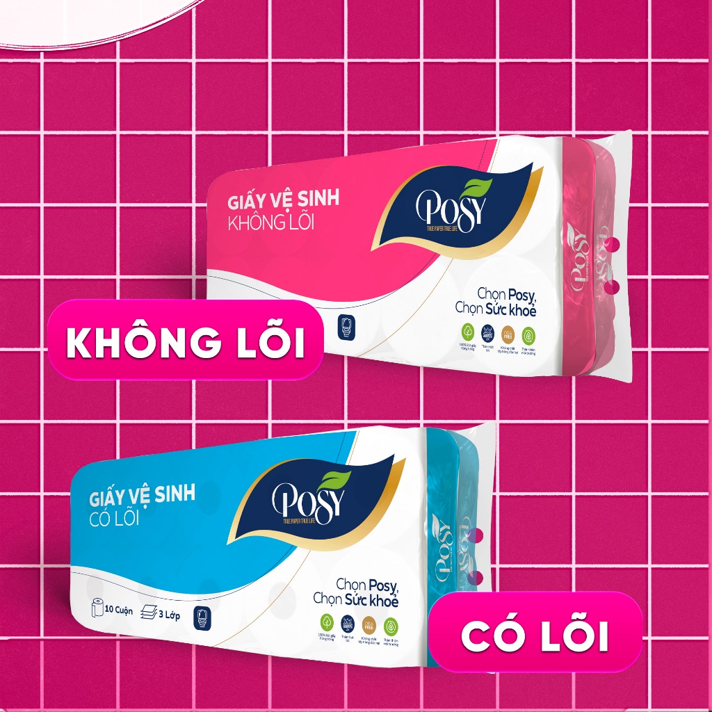POSY - COMBO GIA ĐÌNH - 2 bịch Giấy vệ sinh Posy 10 cuộn 3 lớp không lõi - có lõi mềm mịn, dễ tan tr