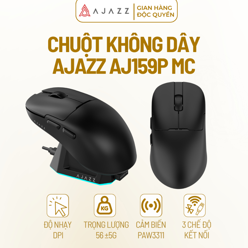 Chuột Không Dây AJAZZ AJ159P MC 3 Chế Độ PAW3311 Nhẹ Có Đế Sạc Từ Tính Gaming Esport Văn Phòng