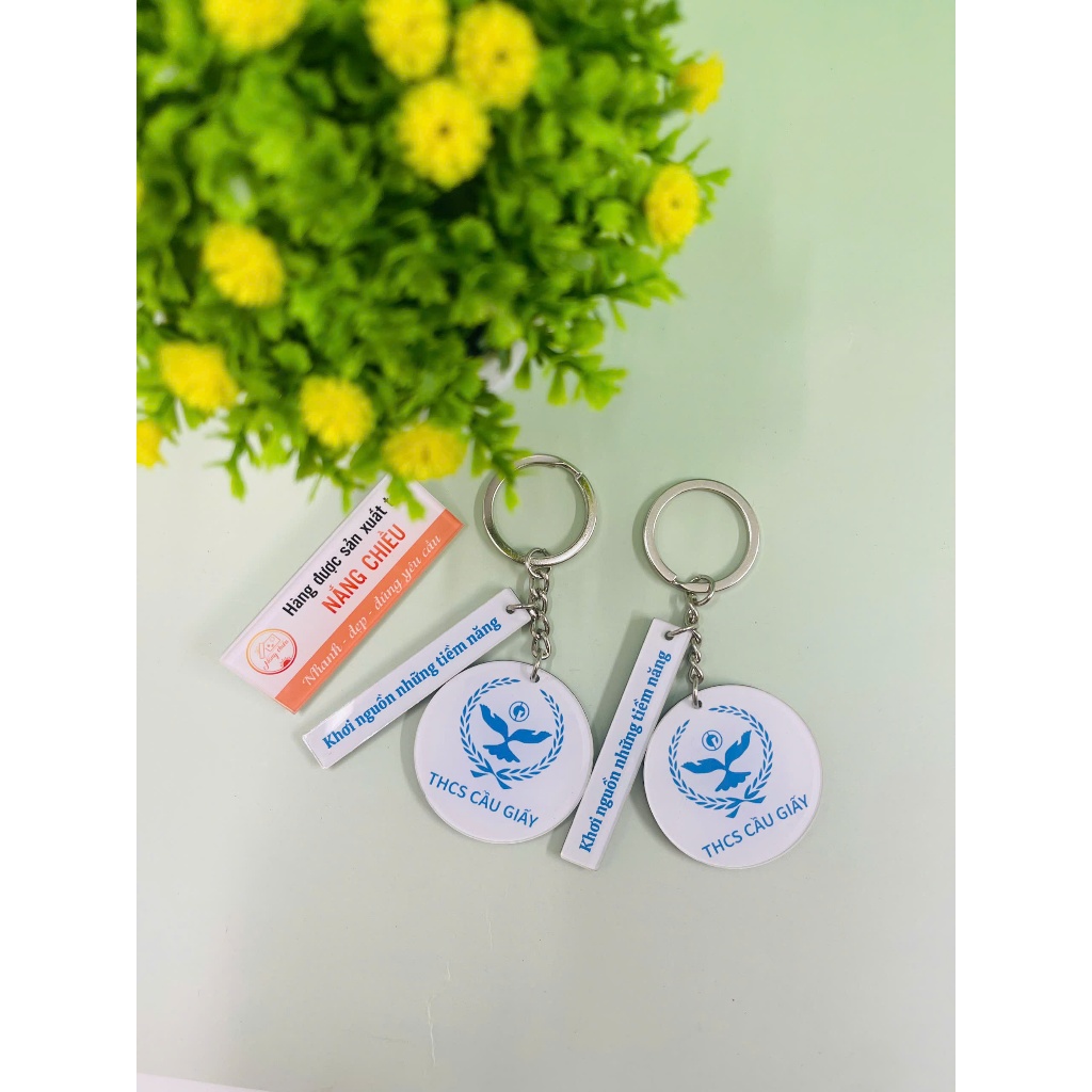 Móc khoá mica in nội dung theo yêu cầu - Móc khoá đôi kèm móc mini in tên, slogan, thông điệp