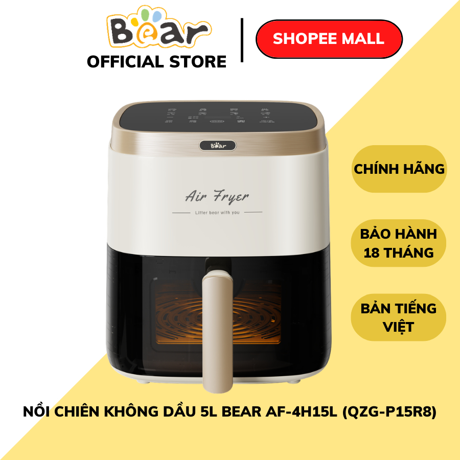 Nồi Chiên Không Dầu 5L Bear AF-4H15L (QZG-P15R8), Công Suất 1500W,Hẹn Giờ- Nhiệt Độ Nấu, BH 18 Tháng