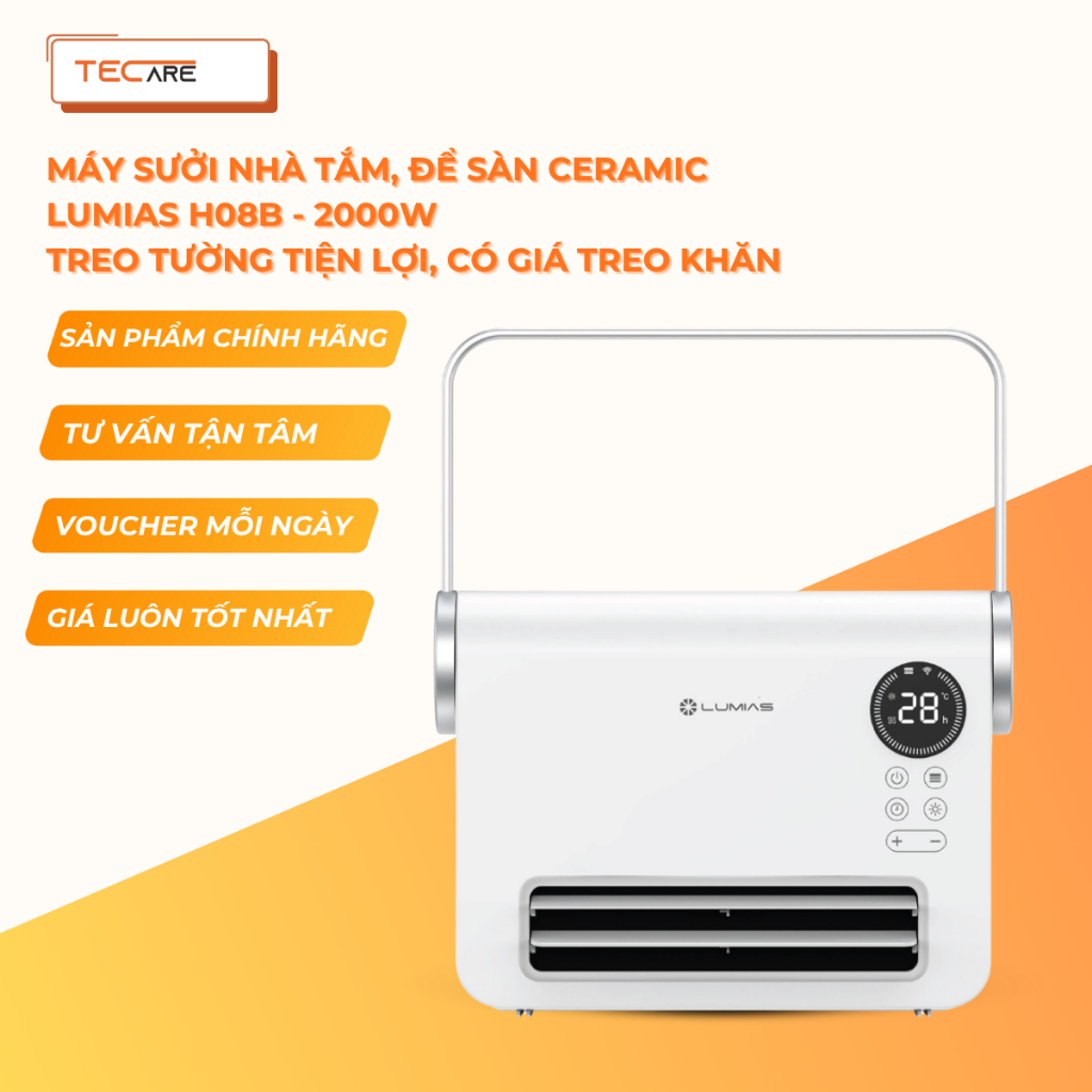 Lumias Máy sưởi H08B – Ceramic PTC 2000W, điều khiển app, hẹn giờ, treo tường, an toàn chống nước IP