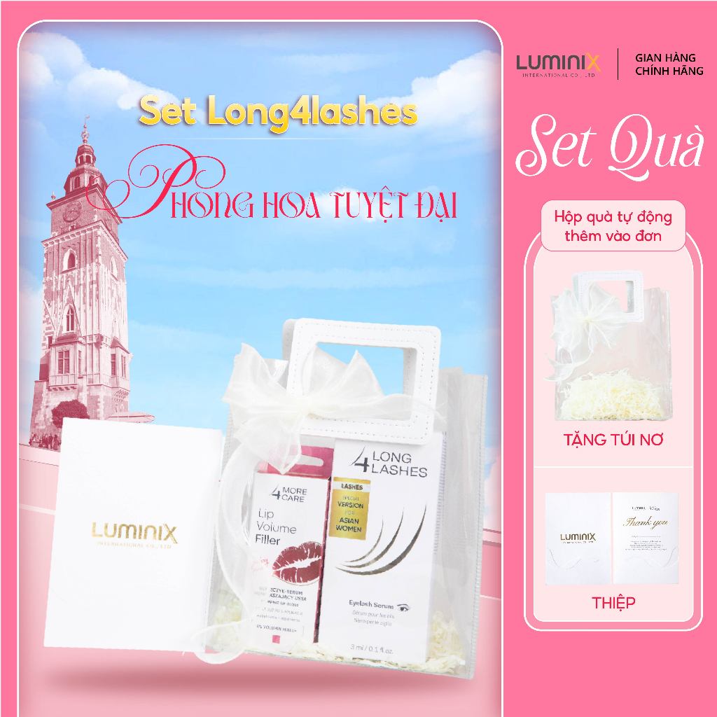 Set Long4Lashes Phong Hoa Tuyệt Đại, Serum Dưỡng Mi Long4lashes White và Son Dưỡng Túi Trong