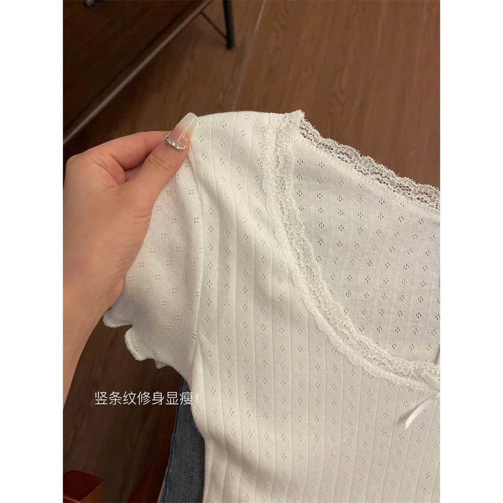 Áo thun nữ YUMMY cổ ren ôm body tiểu thư, Áo len tăm mỏng nữ tính mặc hè nhẹ nhàng A10 | BigBuy360 - bigbuy360.vn