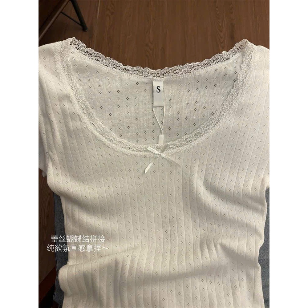 Áo thun nữ YUMMY cổ ren ôm body tiểu thư, Áo len tăm mỏng nữ tính mặc hè nhẹ nhàng A10 | BigBuy360 - bigbuy360.vn