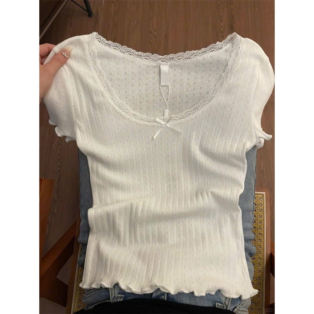 Áo thun nữ YUMMY cổ ren ôm body tiểu thư, Áo len tăm mỏng nữ tính mặc hè nhẹ nhàng A10 | BigBuy360 - bigbuy360.vn