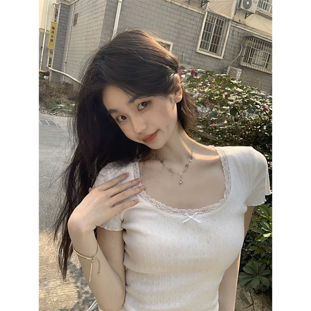 Áo thun nữ YUMMY cổ ren ôm body tiểu thư, Áo len tăm mỏng nữ tính mặc hè nhẹ nhàng A10 | BigBuy360 - bigbuy360.vn