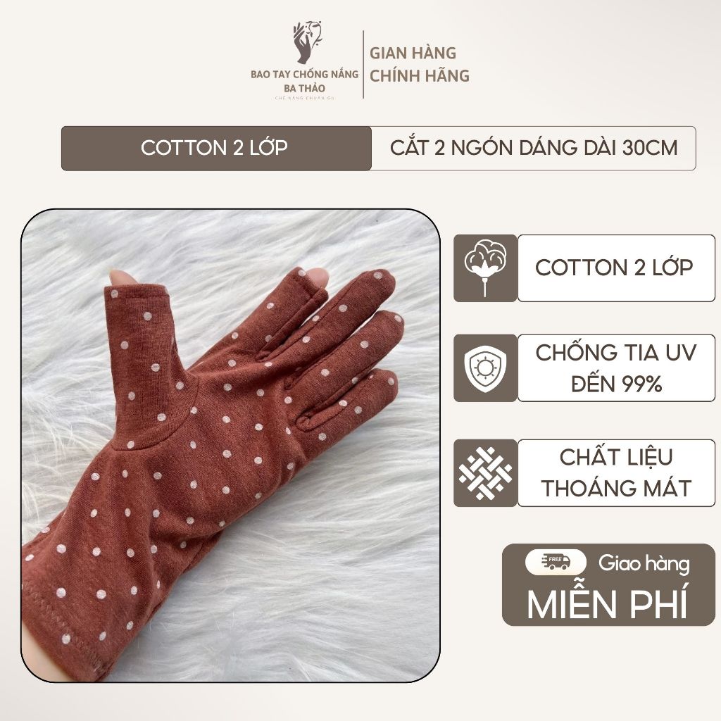 Găng Tay Chống Nắng Hở 2 Ngón Chấm Bi - Bao Tay Cotton 2 Lớp Dáng Dài 30cm Lái Xe Tiện Lợi