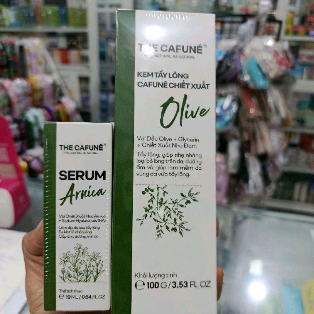 Combo KEM TẨY LÔNG CAFUNÉ chiết xuất dầu Olive + Glycerin + Chiết Xuất Nha Đam và serum làm dịu da s