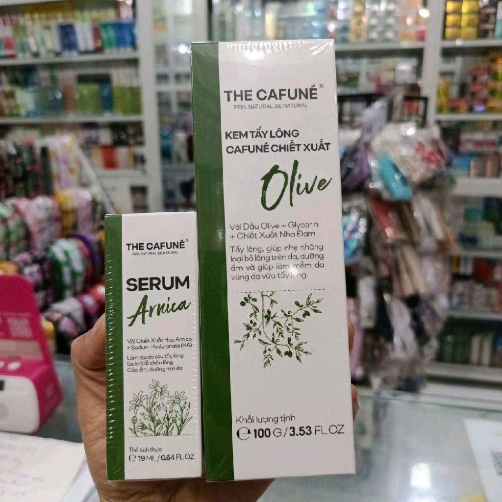 Combo KEM TẨY LÔNG CAFUNÉ chiết xuất dầu Olive + Glycerin + Chiết Xuất Nha Đam và serum làm dịu da s