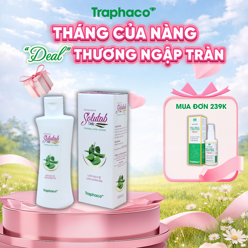 Mỹ phẩm Gel Vệ Sinh Phụ Nữ Solutab Daily Traphaco- Hỗ trợ Làm Sạch, Cân Bằng pH, Ngăn Ngừa Viêm Nhiễm Hộp 1 Lọ x 100ml