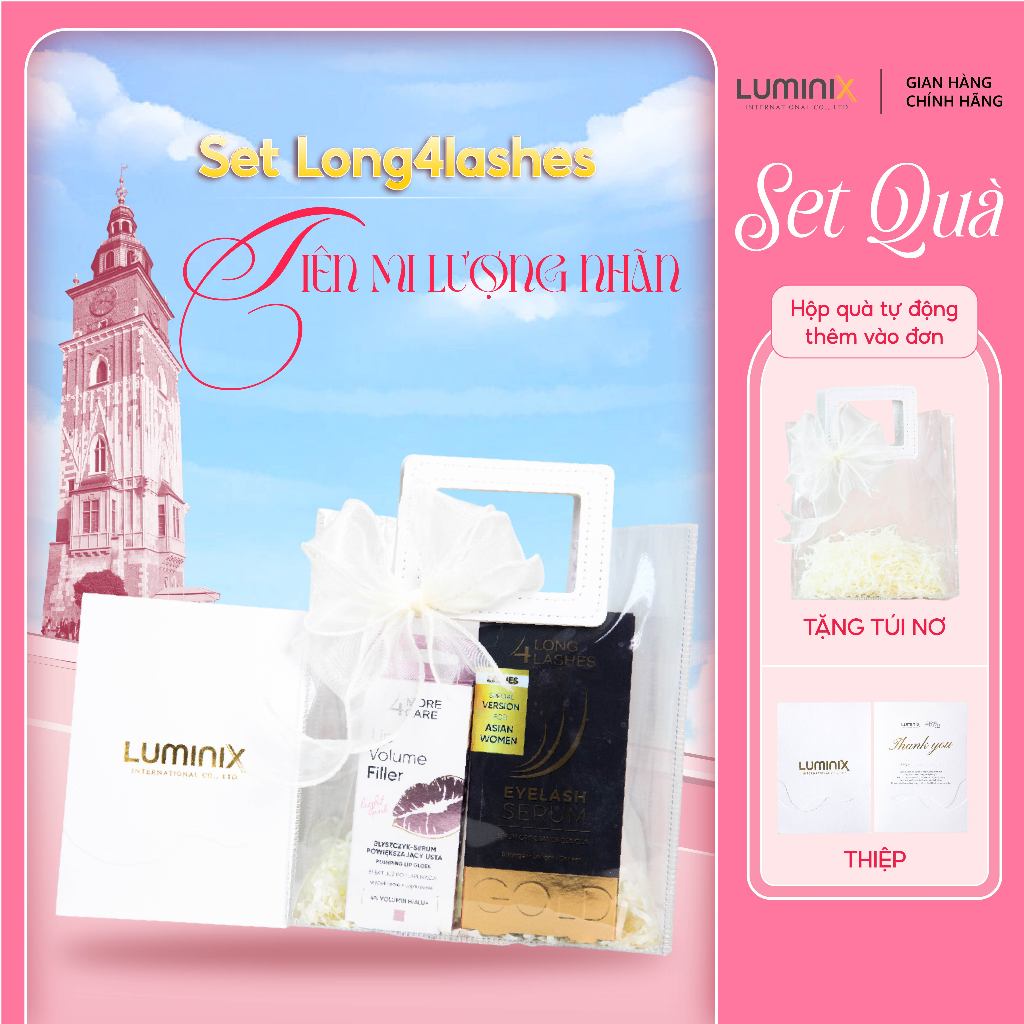 Set Long4Lashes Tiên Mi Lượng Nhãn, Serum Dưỡng Mi Long4lashes Gold và Son Dưỡng Túi Trong