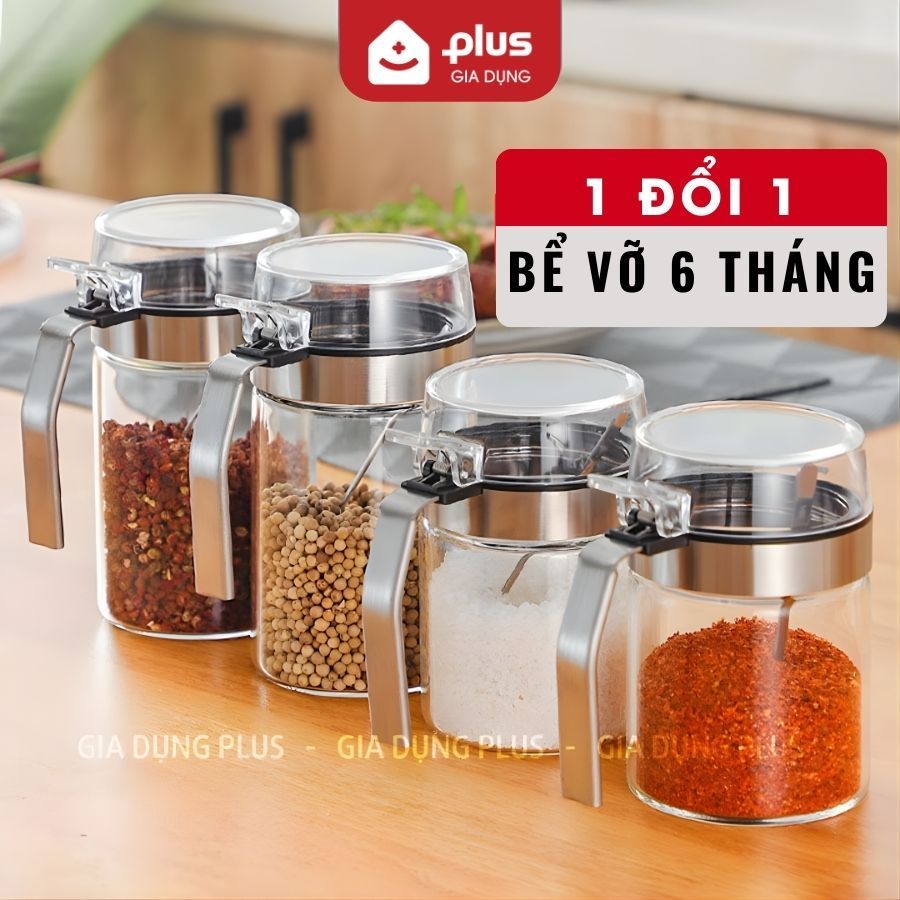 Lọ đựng gia vị thuỷ tinh chịu nhiệt, chịu lực cao cấp - tay cầm và viền inox 304 nắp bật PHALEDO