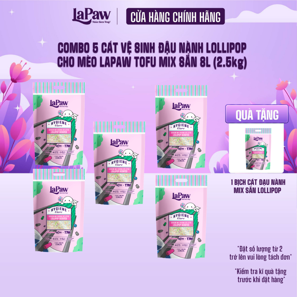 [T7M X LAPAW] [COMBO 5 bao] Cát vệ sinh hữu cơ đậu nành lollipop mix cát sắn cao cấp 8L/ 2,5 KG