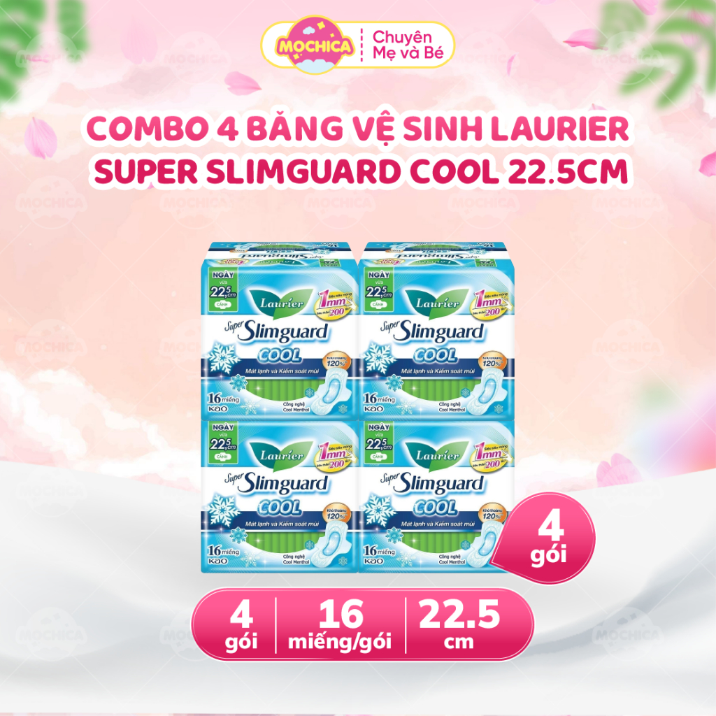 [COMBO 4] Băng Vệ Sinh Laurier Super Slimguard Cool có cánh siêu mỏng mát 22.5cm 16 miếng-Mochica