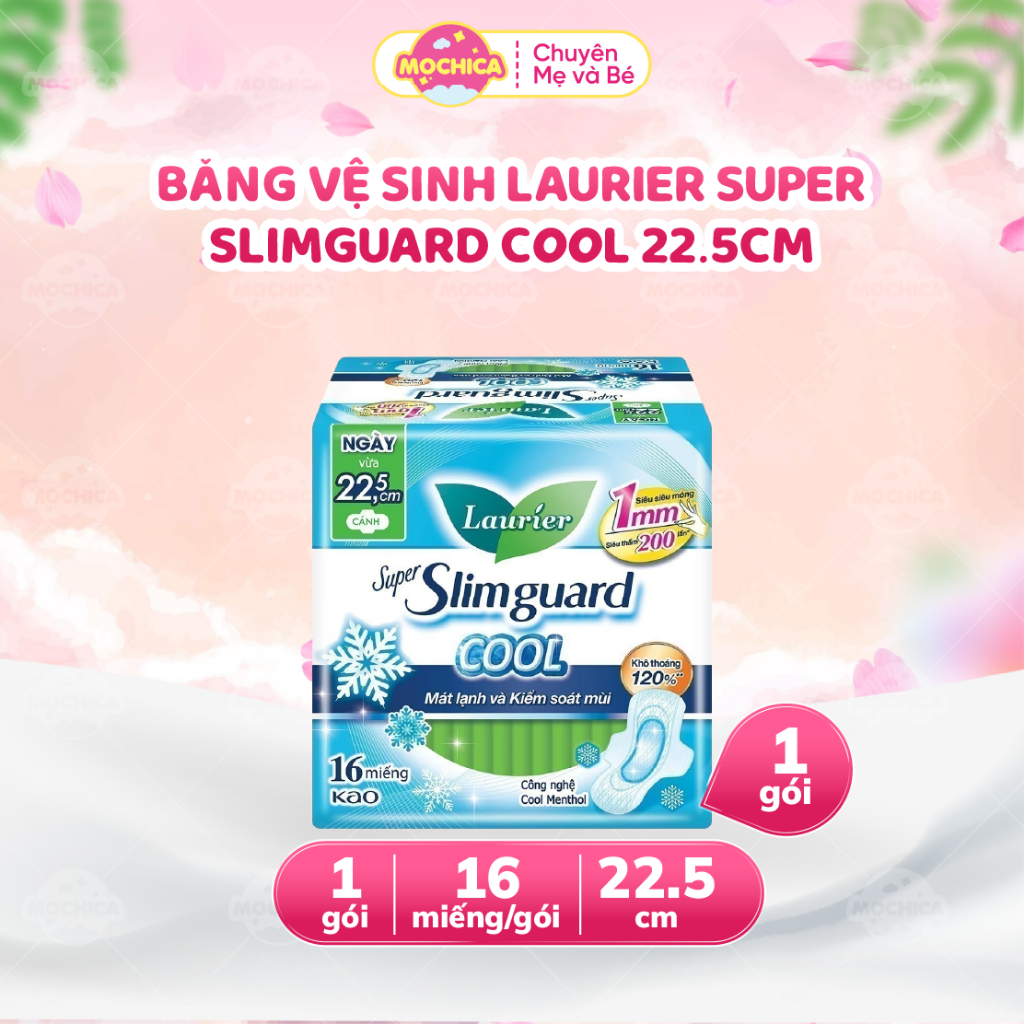 Băng Vệ Sinh Laurier Super Slimguard Cool có cánh siêu mỏng mát lạnh 22.5cm 16 miếng-Mochica