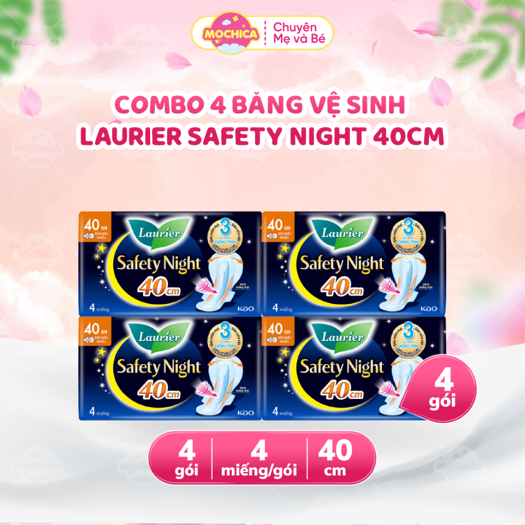 [COMBO 4] Băng vệ sinh Laurier Safety Night Đêm Siêu An Toàn 40cm 4 miếng-Mochica