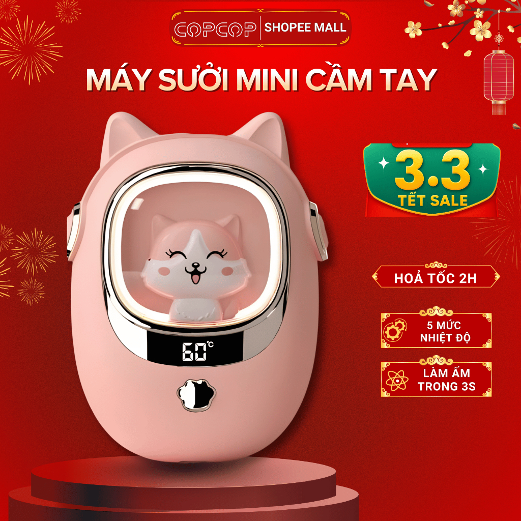 Máy sưởi mini cầm tay COPCOP, máy sưởi tay cute vào mùa đông với 5 mức nhiệt và chườm nóng bụng kinh