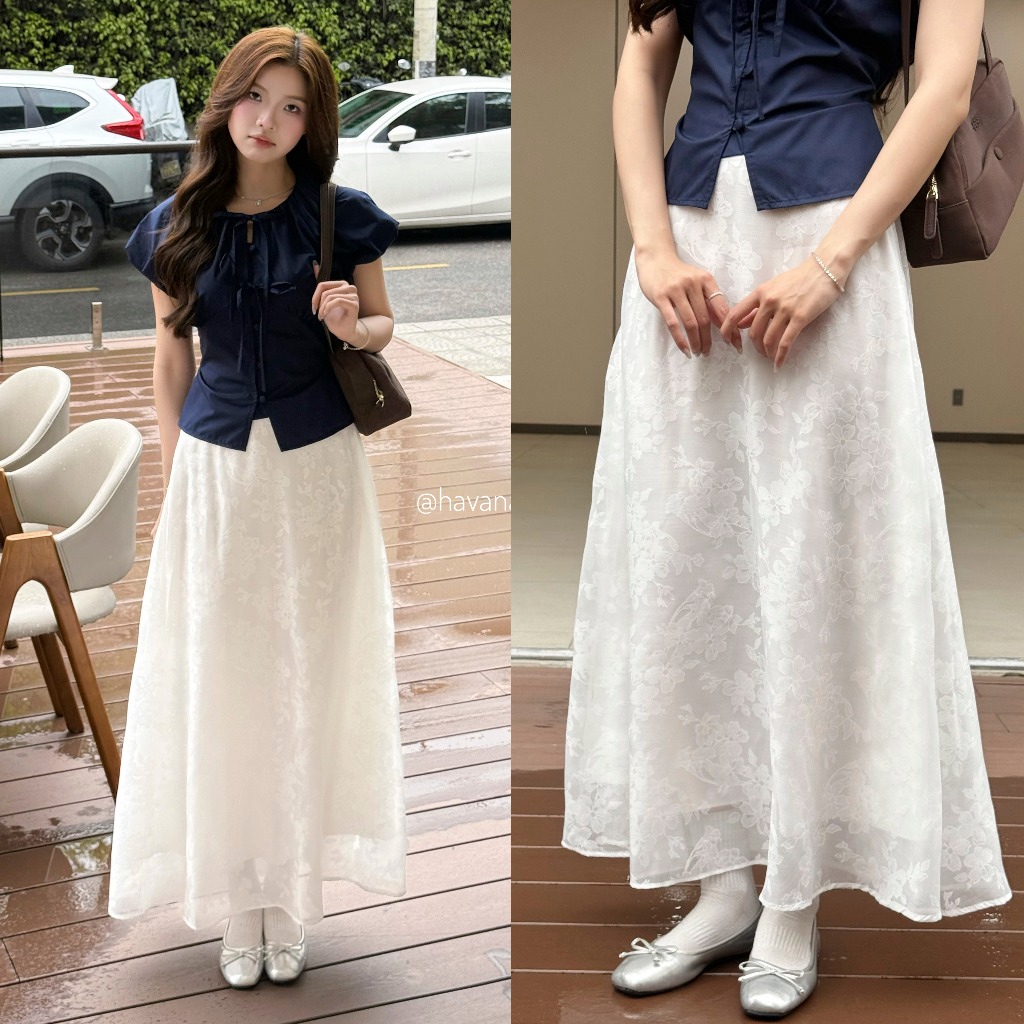 (HAVANA) {CHẤT MỎNG HÈ } Chân váy midi dáng dài TAMMY chất ren cạp chun sau có lớp lót trong CV450