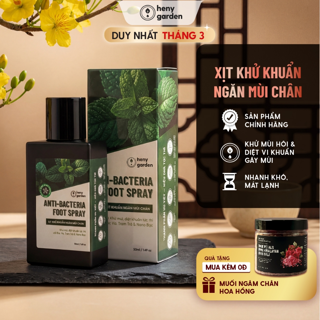 Xịt Khử Mùi Giày, Khử Mùi Hôi Chân Chiết Xuất Tràm Trà & Nano Bạc HENY GARDEN 50mL Khử Khuẩn