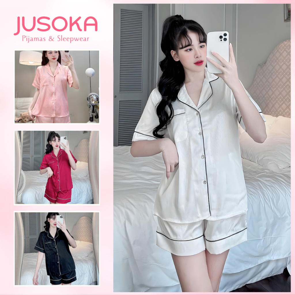 Bộ Đồ Ngủ Nữ Pijama JUSOKA CC126 Lụa Gấm Xước Ánh Kim Áo Cộc Quần Đùi Mặc Nhà Dễ Thương Cao Cấp Dành