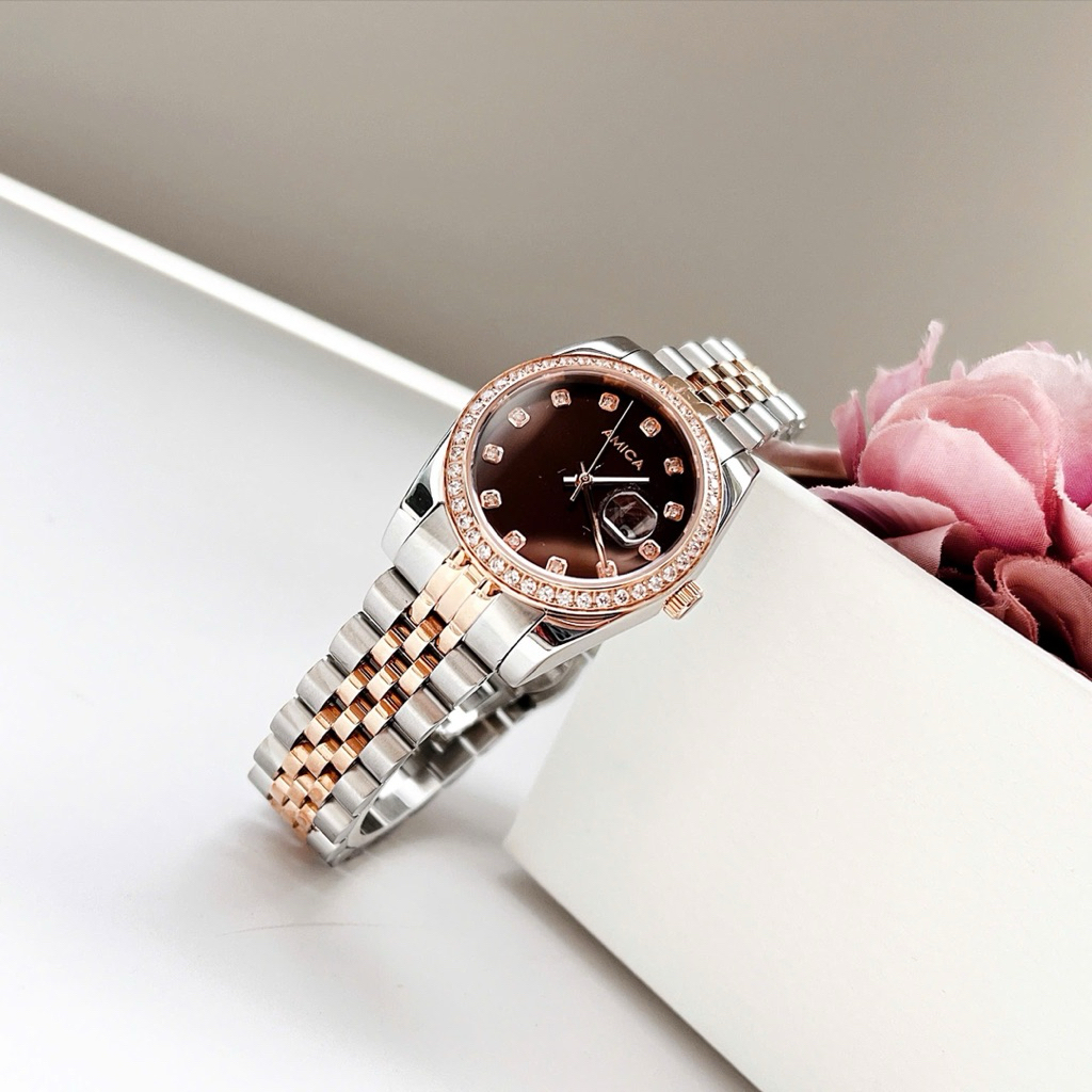 Đồng hồ nữ Amica dây kim loại demi phối rose gold, kích thước 32mm