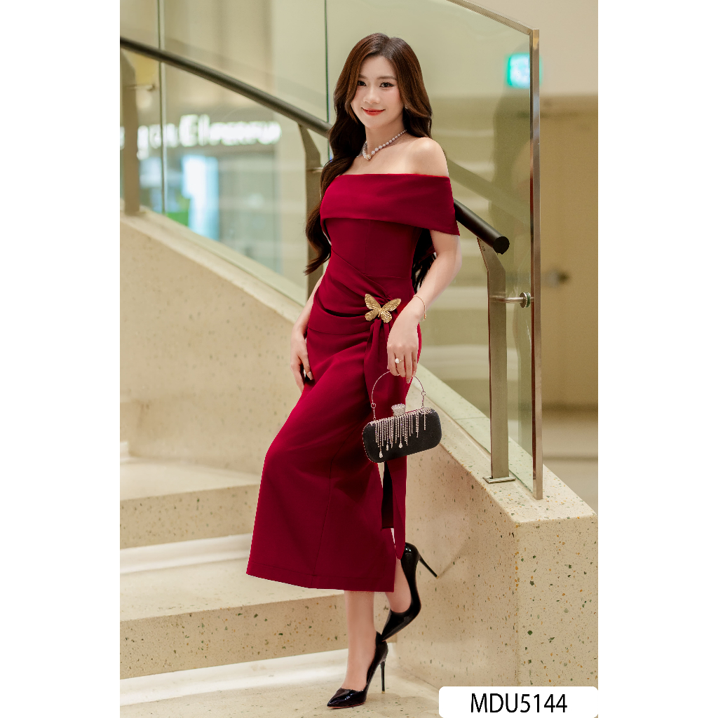 Váy thiết kế BenNang chất xleo hàn cao cấp, Gam đỏ sang trọng, cổ bardot trễ vai MDU5144