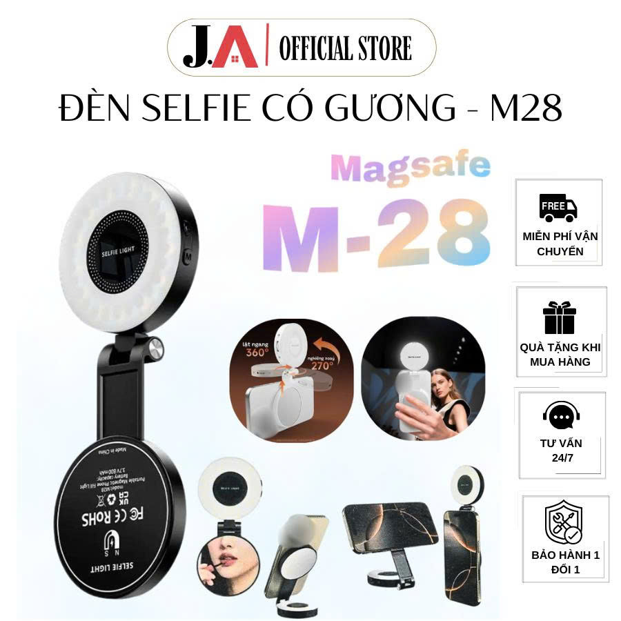 Đèn Selfie Có Gương M-28 Nam Châm Hít Từ Tính, Đèn LED Livestream Xoay 360° Kèm Chân Đỡ, 3 Chế Độ Sá
