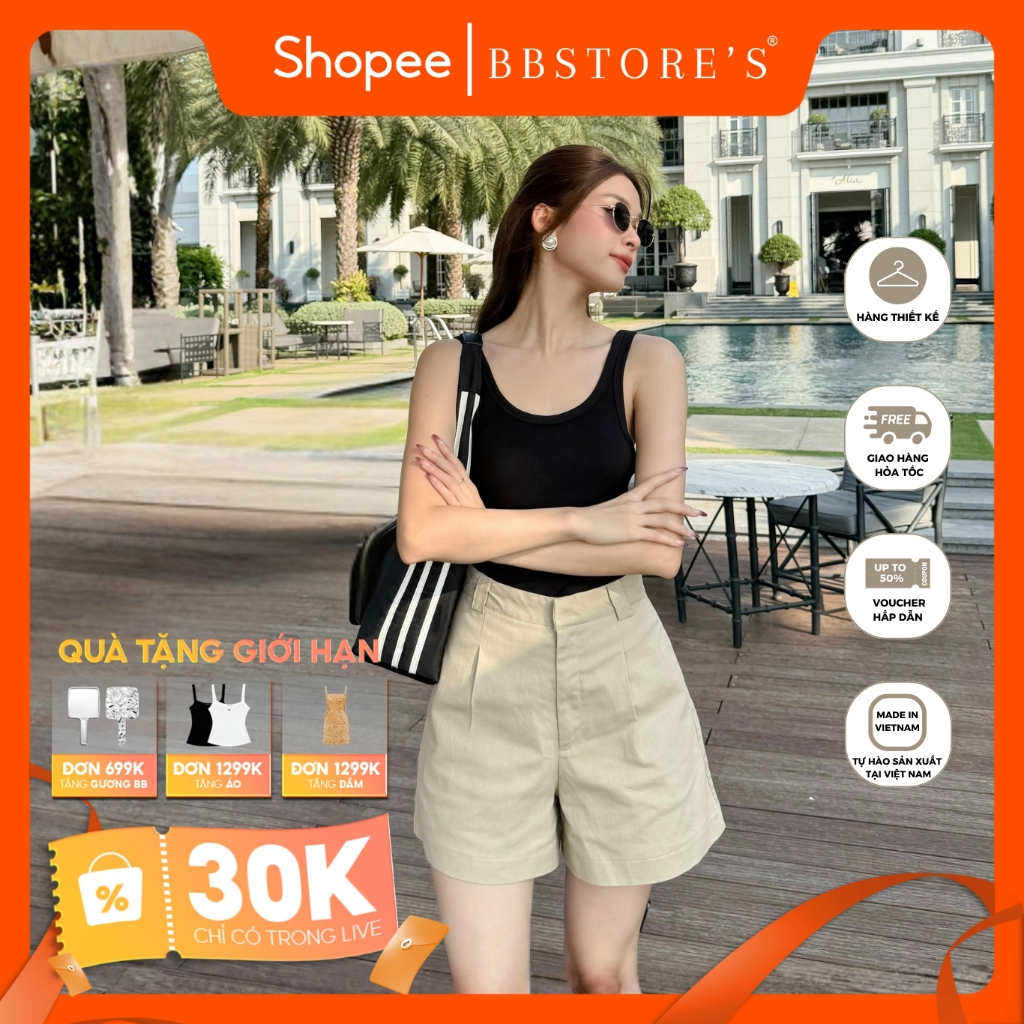 BBSTORE'S Quần Short Kaki Ống Rộng Form Ngắn Lưng Cao Có Bảng Đỉa To - Q3107