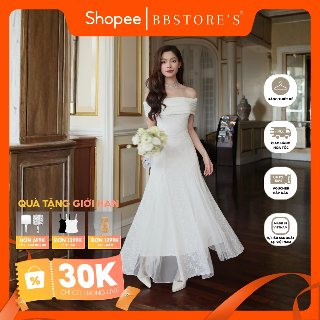 BBSTORE'S Đầm Dự Tiệc Trễ Vai Form Dài Sang Trọng Phối Ren Lưới - D3446