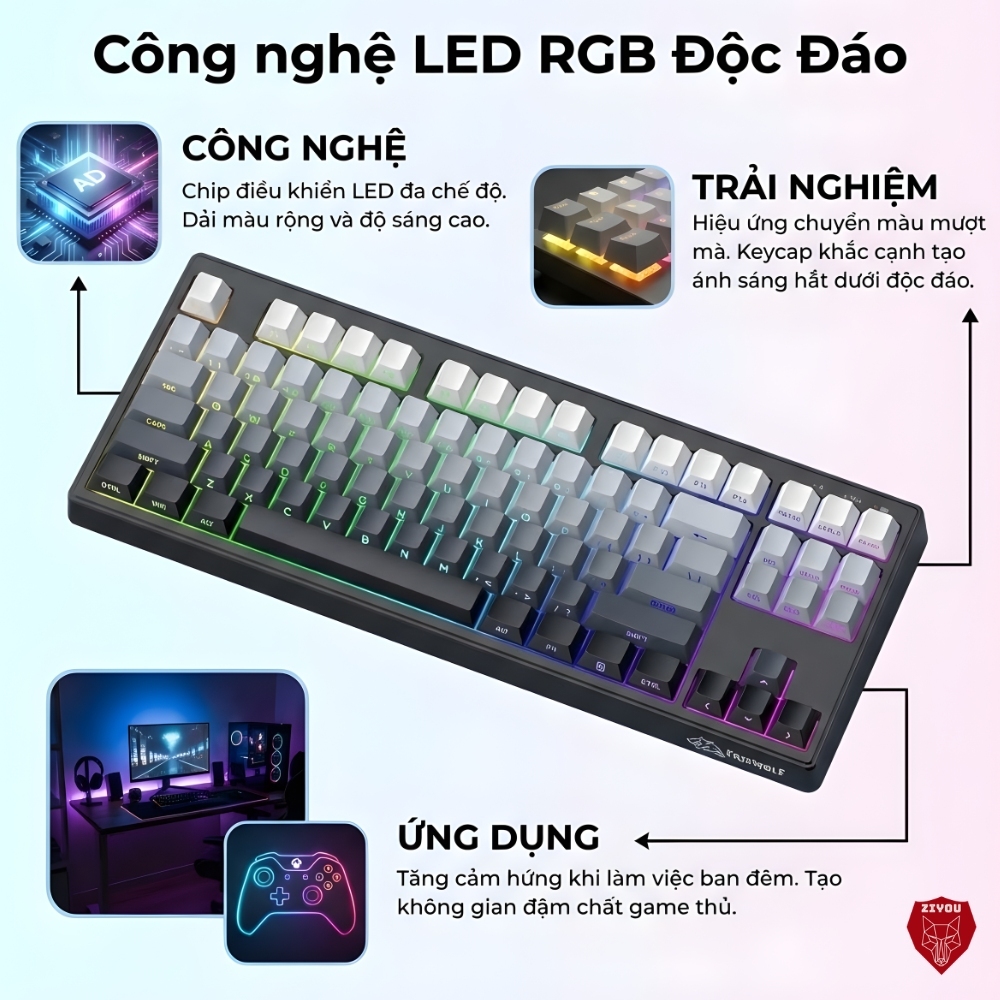 Bàn Phím Không Dây Bluetooth Ziyou FreeWolf M87 V2 LED RGB Full Phím Gõ Êm, 3 Chế Độ Kết Nối Đa Năng | BigBuy360 - bigbuy360.vn