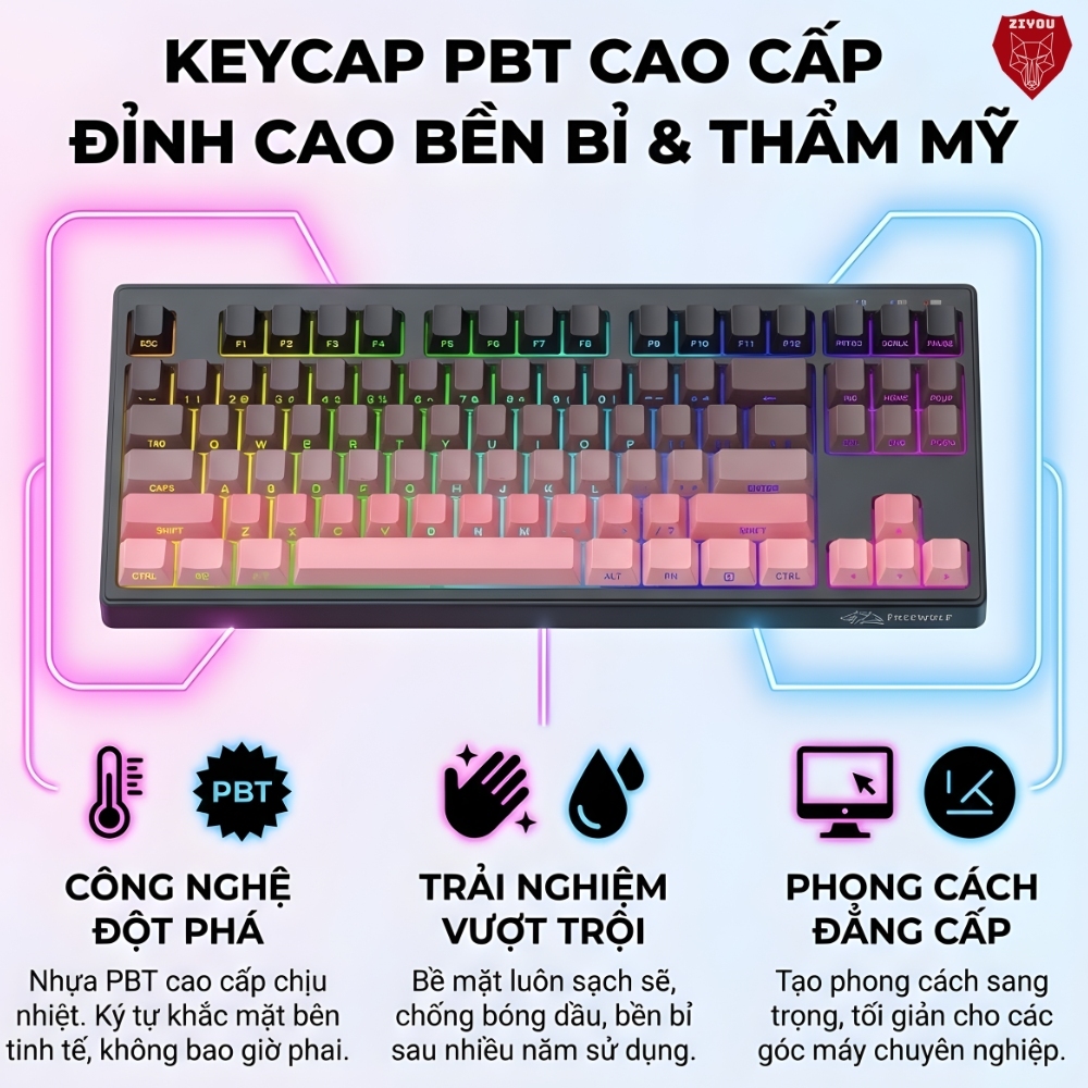 Bàn Phím Không Dây Bluetooth Ziyou FreeWolf M87 V2 LED RGB Full Phím Gõ Êm, 3 Chế Độ Kết Nối Đa Năng | BigBuy360 - bigbuy360.vn