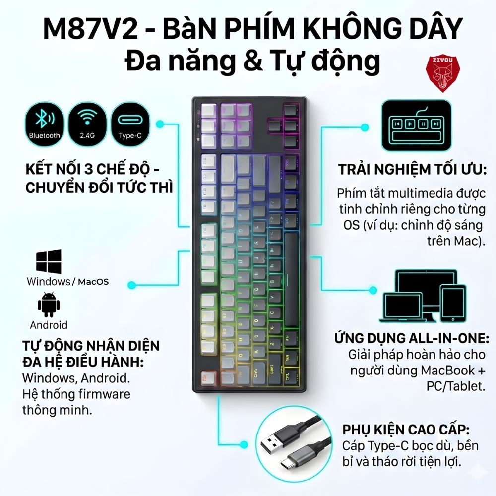 Bàn Phím Không Dây Bluetooth Ziyou FreeWolf M87 V2 LED RGB Full Phím Gõ Êm, 3 Chế Độ Kết Nối Đa Năng | BigBuy360 - bigbuy360.vn